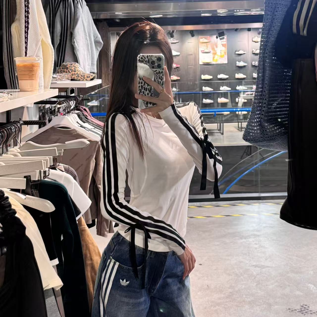 Adidas三叶草新款秋季经典条纹长袖 可拆卸蝴蝶结长袖T KG3861