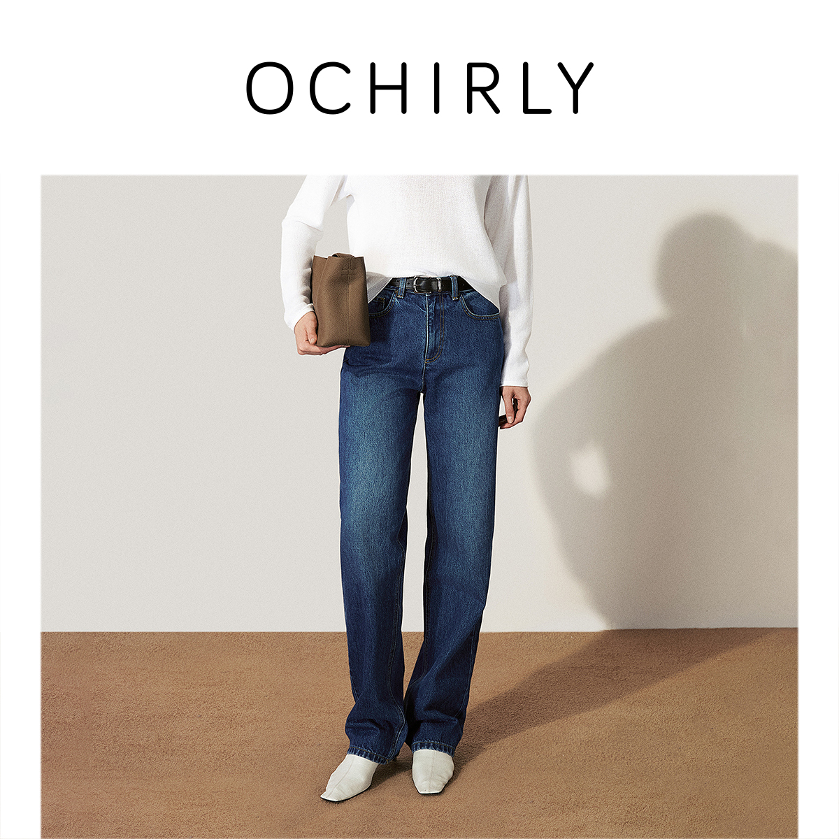 OCHIRLY欧时力水休闲牛仔长裤女萝卜裤磨白复古25春