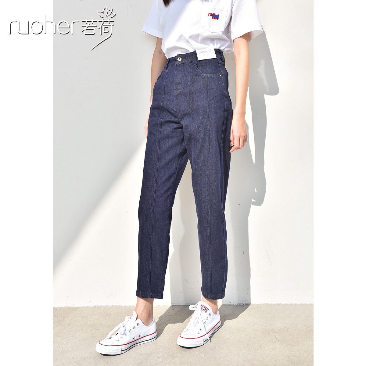 2025冬季加绒高腰阔腿哈伦牛仔裤女小个子八分直筒锥形九分老爹裤