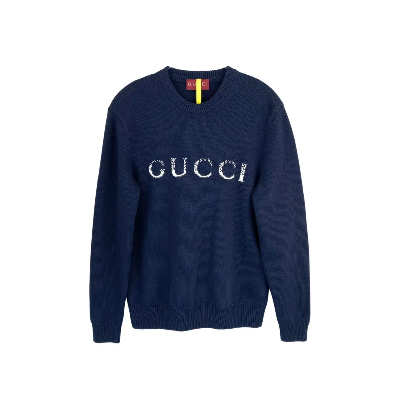 95新 GUCCI/古驰  xw040 羊毛 24ss深蓝色logo长袖套头毛衣 XS码