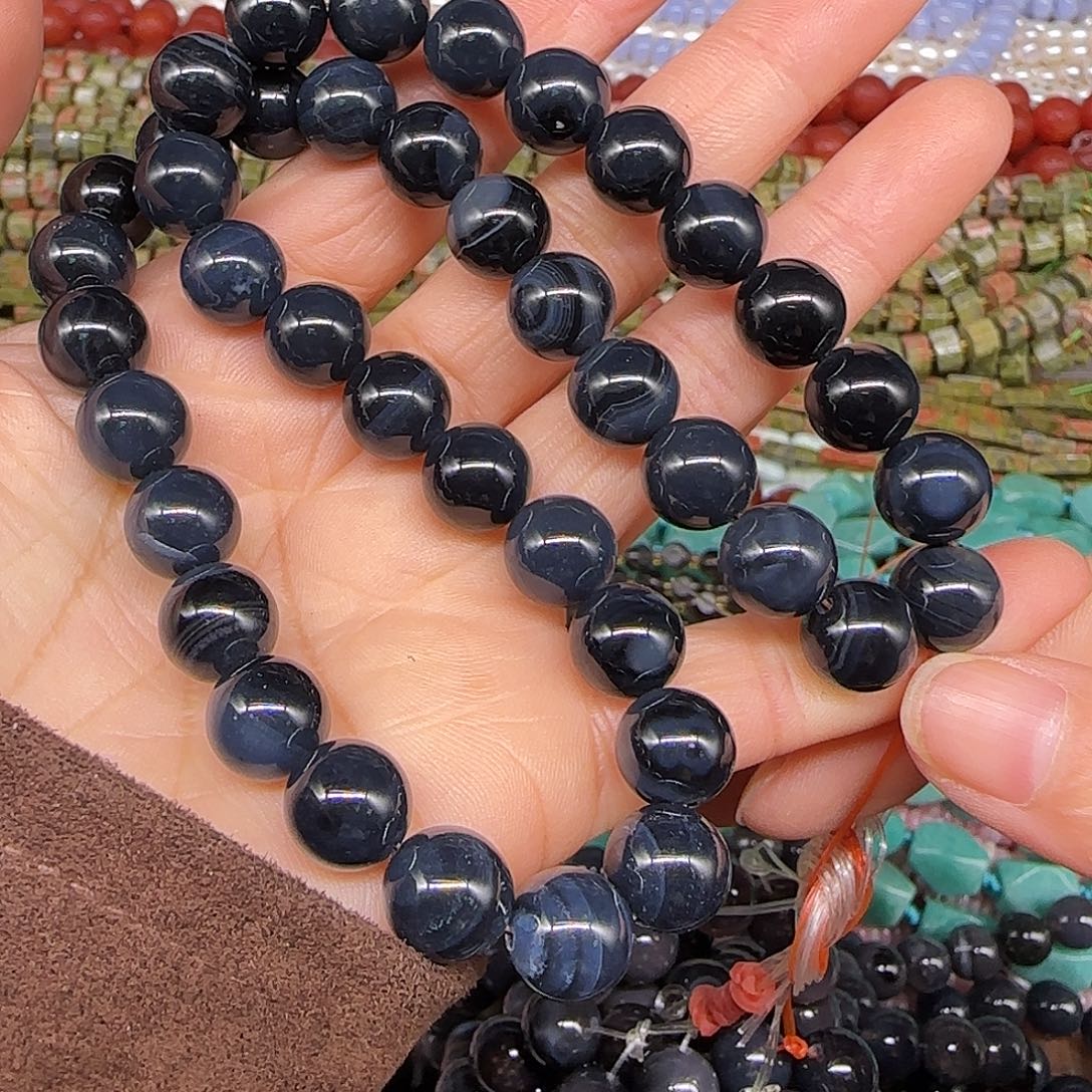 玛瑙/玉髓合金珠宝半成品蓝沁玛瑙缠丝10mm一条