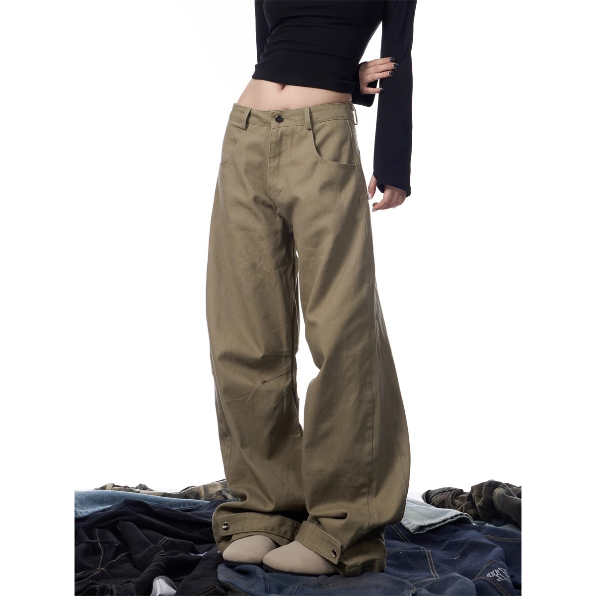 美式复古咖色直筒工装裤女秋季新款设计感休闲宽松垂感阔腿裤子潮