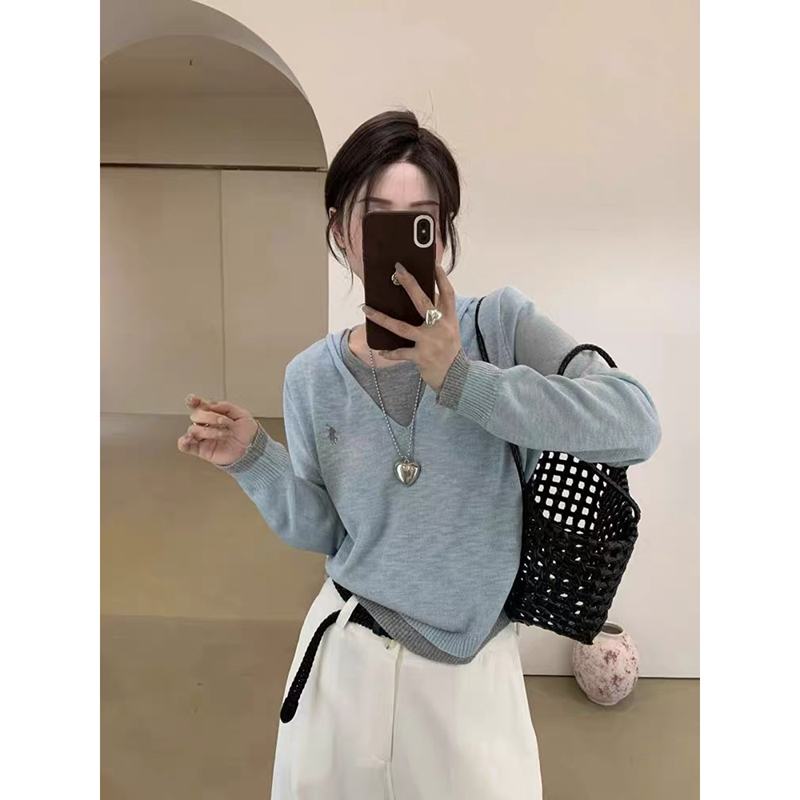 【杏色】3830超柔软新款高品质连帽假两件针织上衣