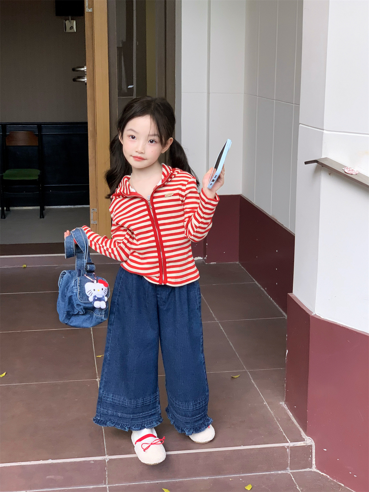 2025秋季新款 女童洋气条纹连帽拉链衫+时髦层层叠叠牛仔裤两件套
