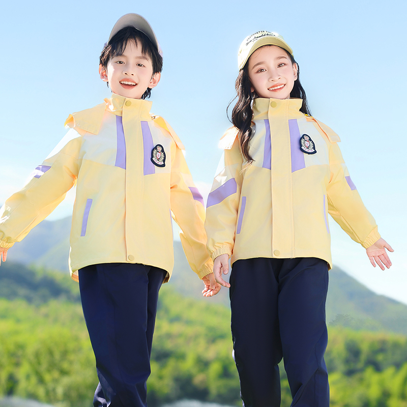 小学生校服黄绿冲锋衣三件套儿童运动会班服套装秋冬季幼儿园园服