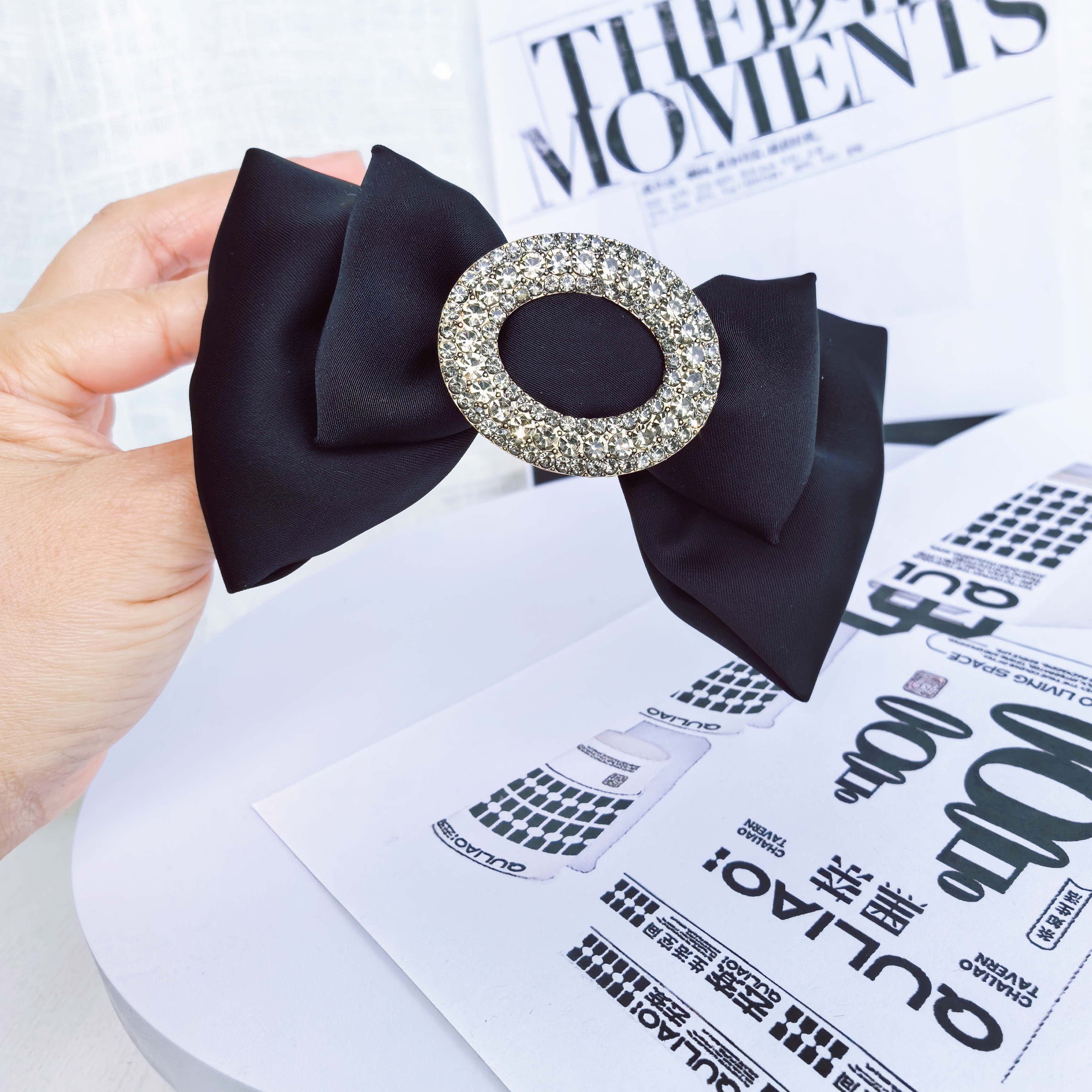 双面醋酸高档加厚绸缎双层蝴蝶结弹簧夹气质百搭黑色简约优雅