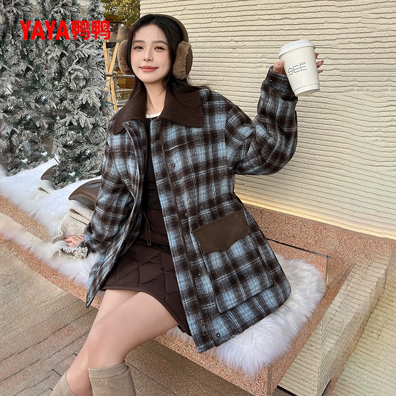 YAYA/鸭鸭羽绒服女中长款冬季时尚韩版格纹设计感外套YE4B622531D