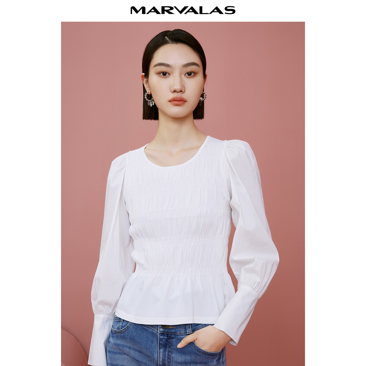 曼德诗宫廷风毛织套头衫春季新款褶皱时尚气质#M733300703