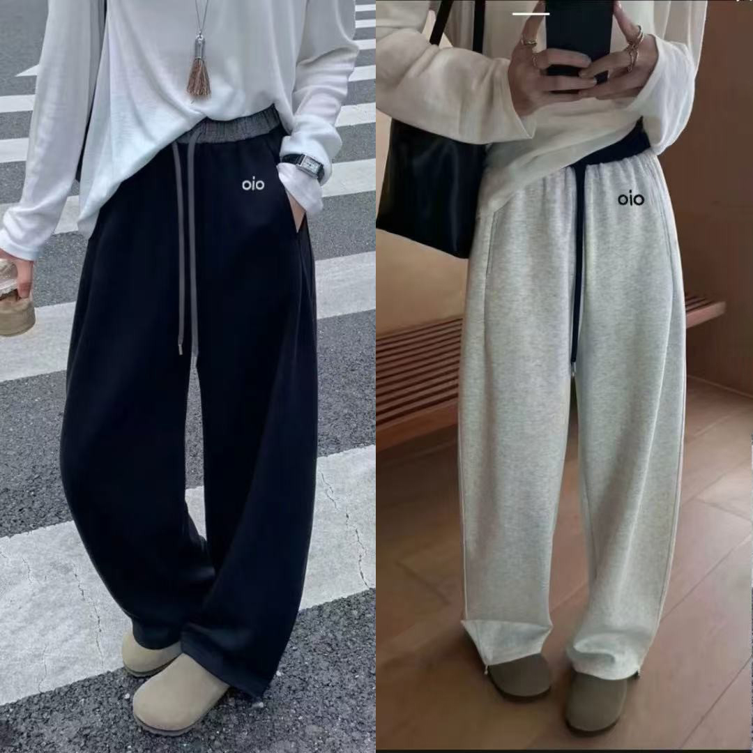 冬季加绒加厚刺绣标运动卫裤女设计感高腰宽松显瘦秋冬休闲阔腿裤