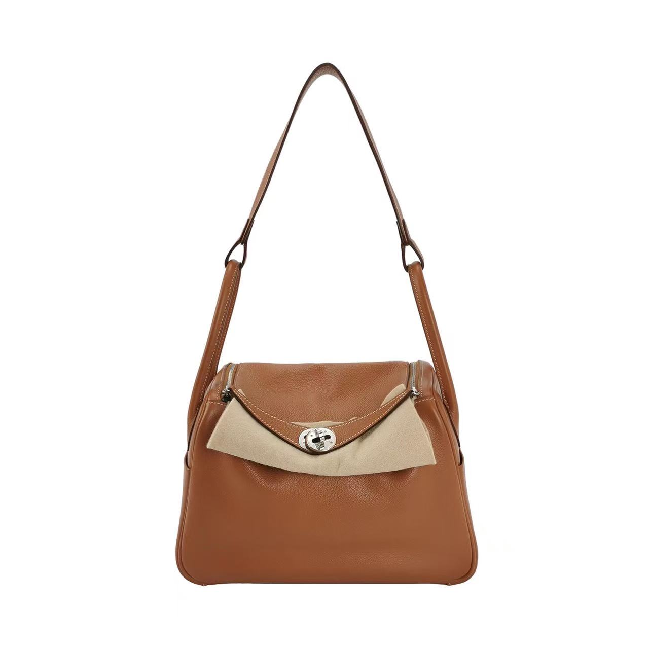 95新 Hermes/爱马仕  女士 金棕 Lindy26 银扣 手提包 单肩包