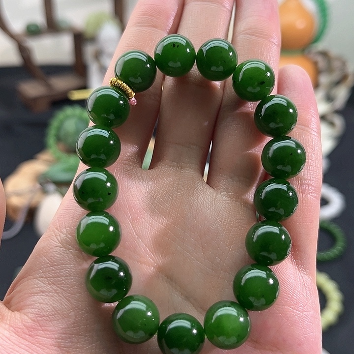 和田玉颈饰未镶嵌碧玉-菠菜绿-12mm手串
