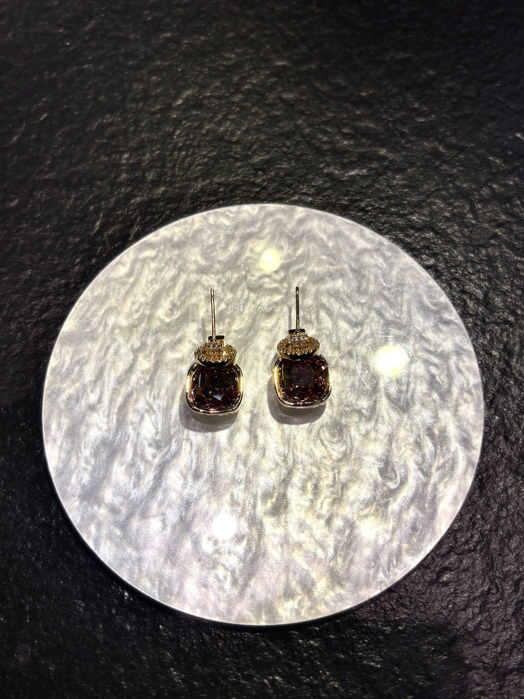 纯铜耳饰 原创设计金色法式运动风几何耳钉气质简约镶嵌手工