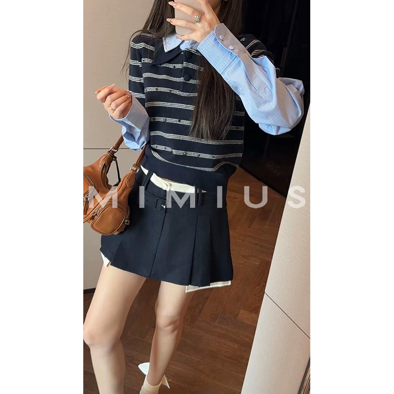 【mimius】肉肉 条纹羊毛混纺针织衫+衬衫/含领结 WG10075