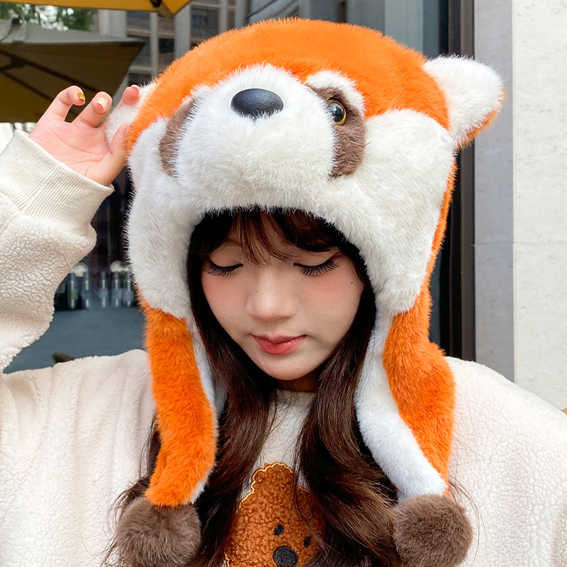 新款卡通可爱小浣熊毛绒护耳雷锋帽子女秋冬保暖加厚毛球护耳帽潮