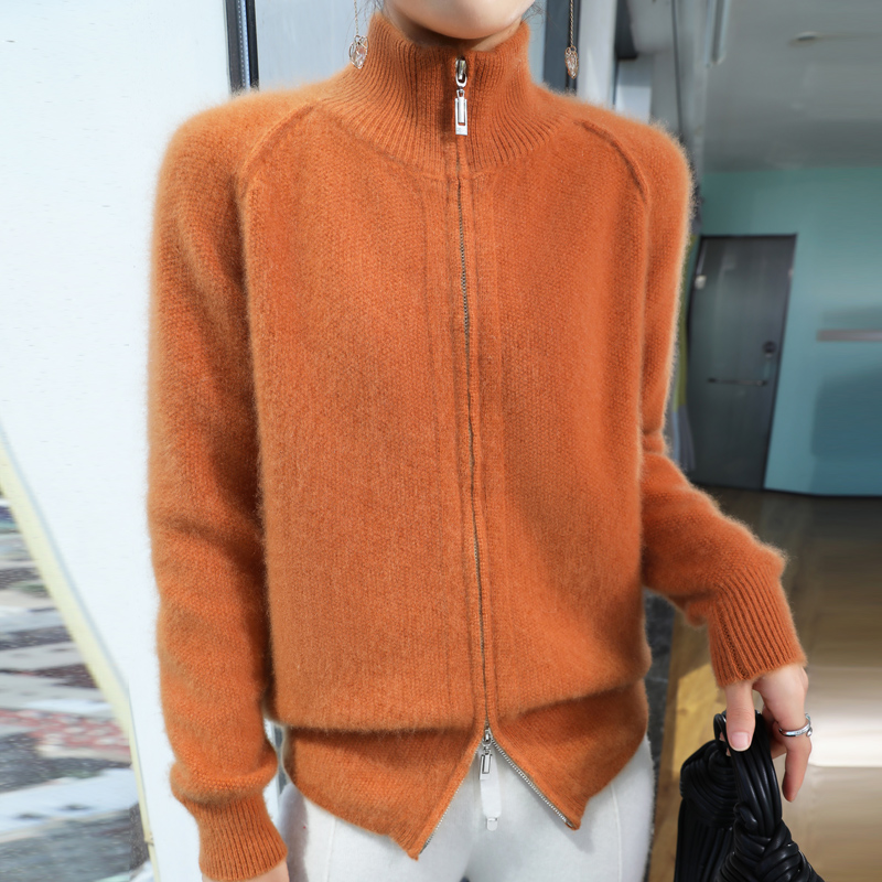 双拉链针织开衫女休闲长袖上衣桂花针小立领春秋气质随性外套