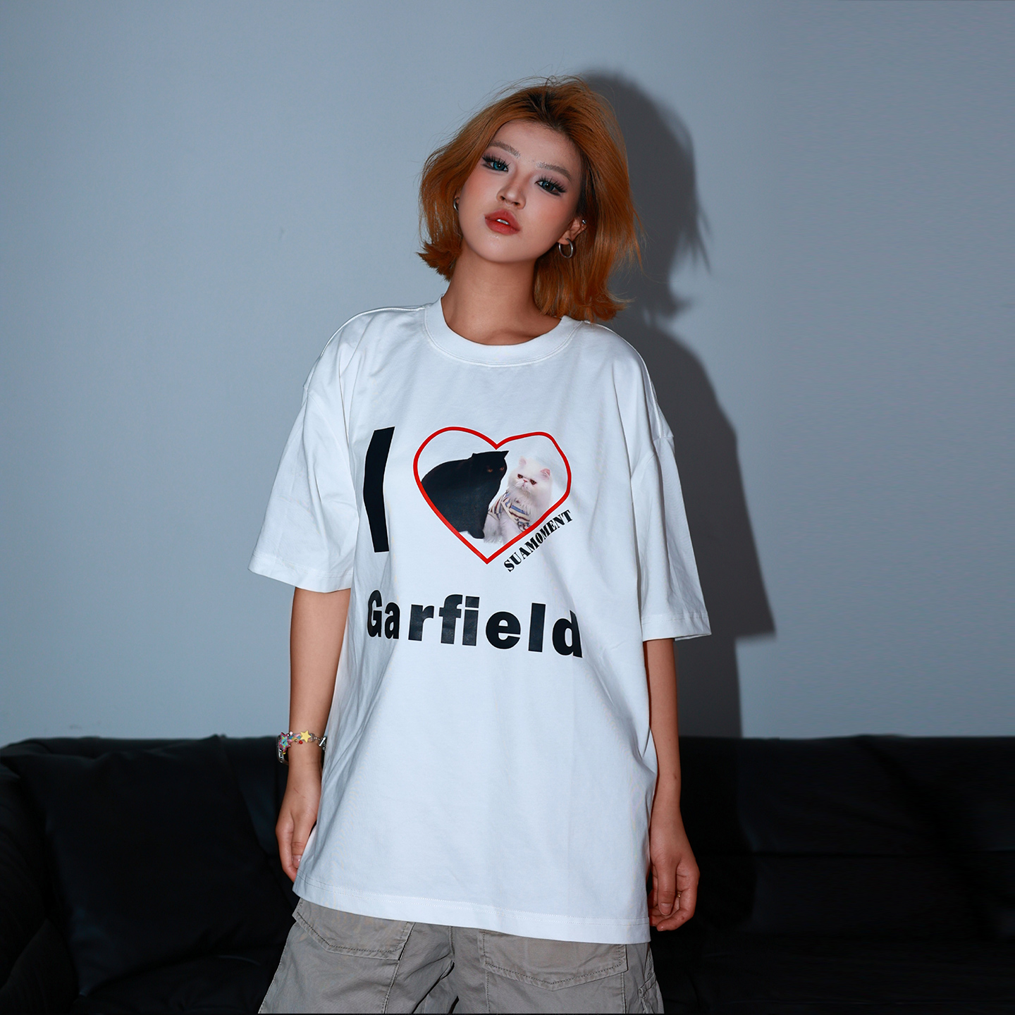 抓痕爱心加菲短袖T恤男女夏季美式宽松休闲情侣半袖上衣