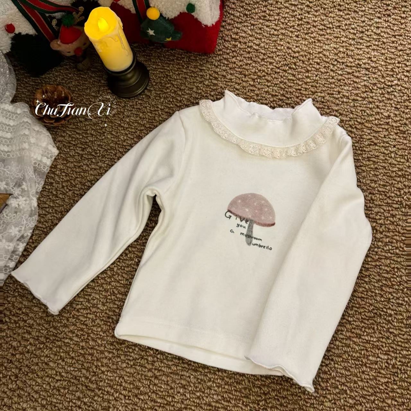 现货【小暮光】新款女童宝宝秋冬复古韩系花边小蘑菇磨毛加厚长袖T
