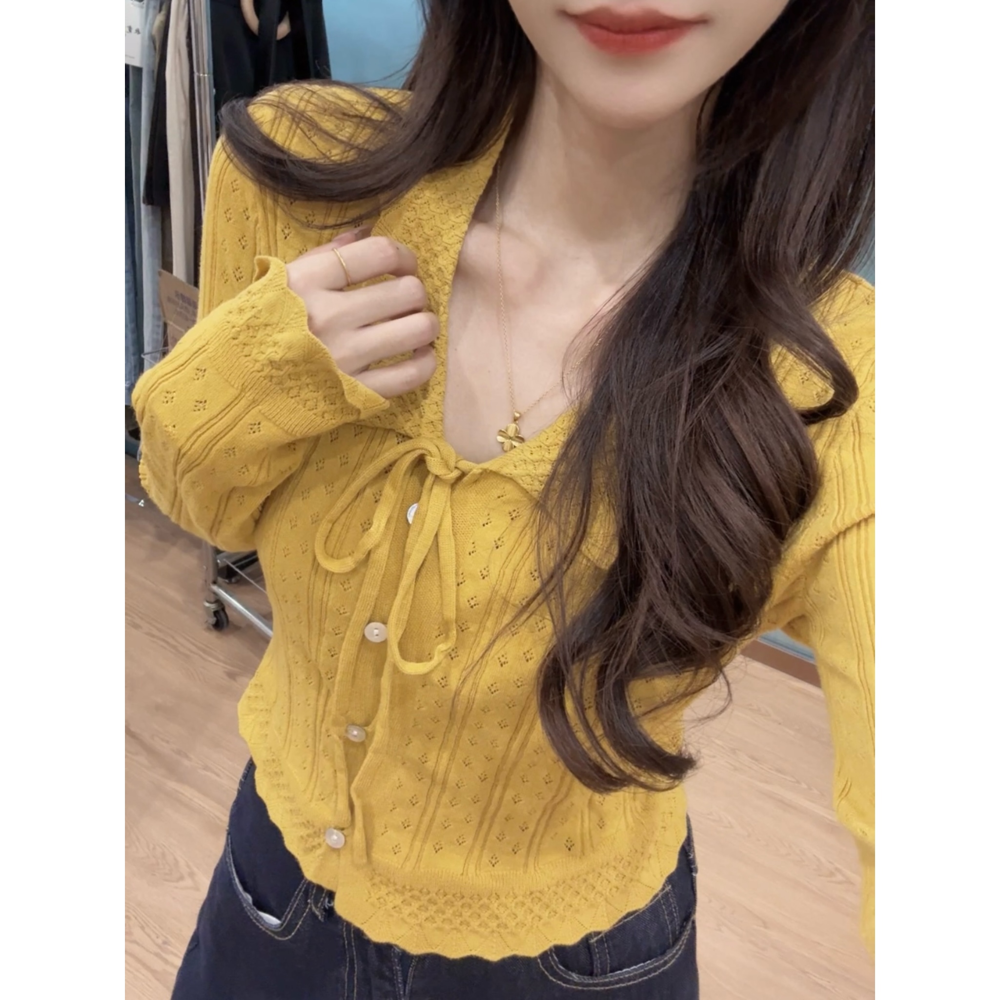 【半糖】系带长袖毛针织衫女收腰早秋黄色别致短款上衣
