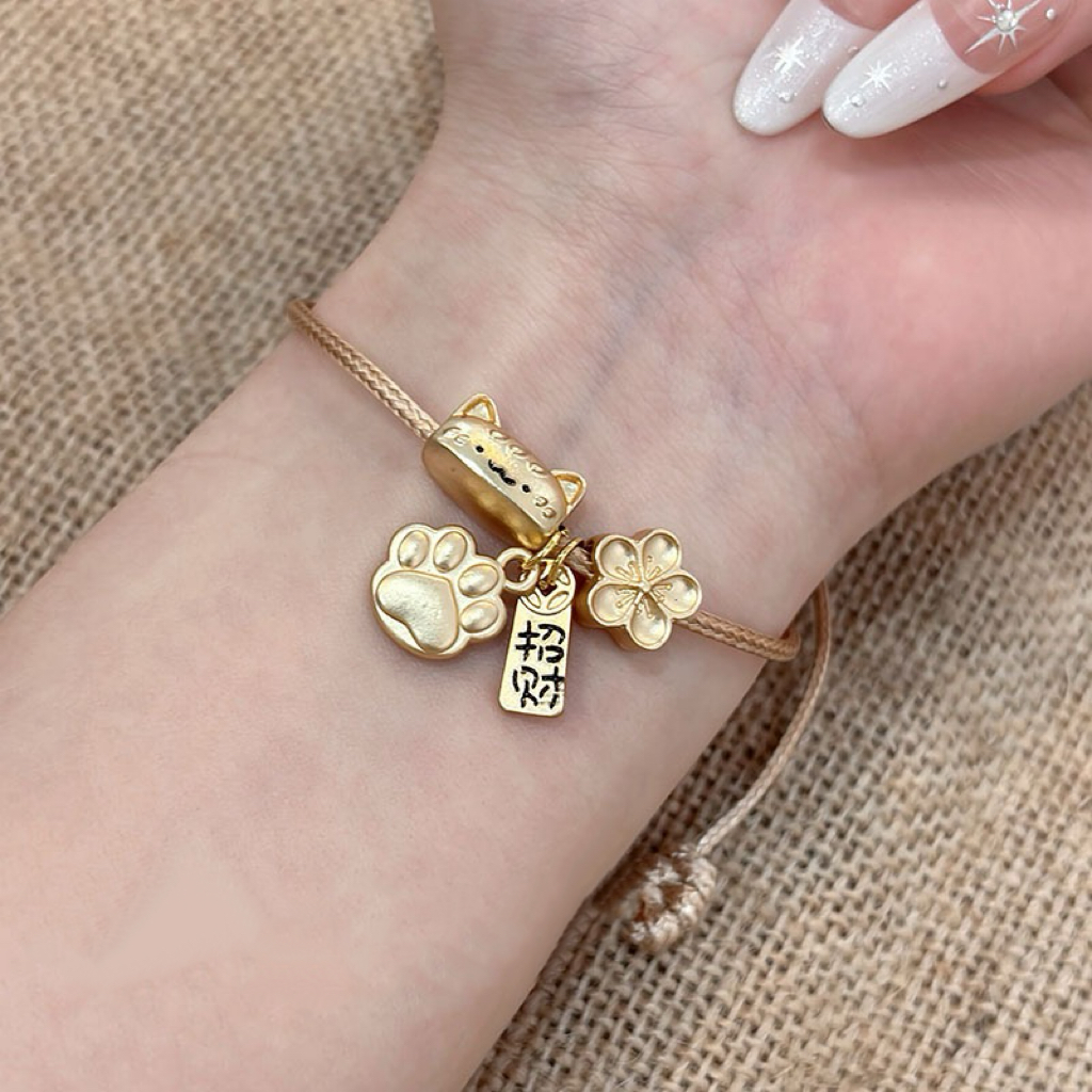 铜合金手链 【招财桃花】法棍小喵铃铛半镯编织贵气感百搭手绳女
