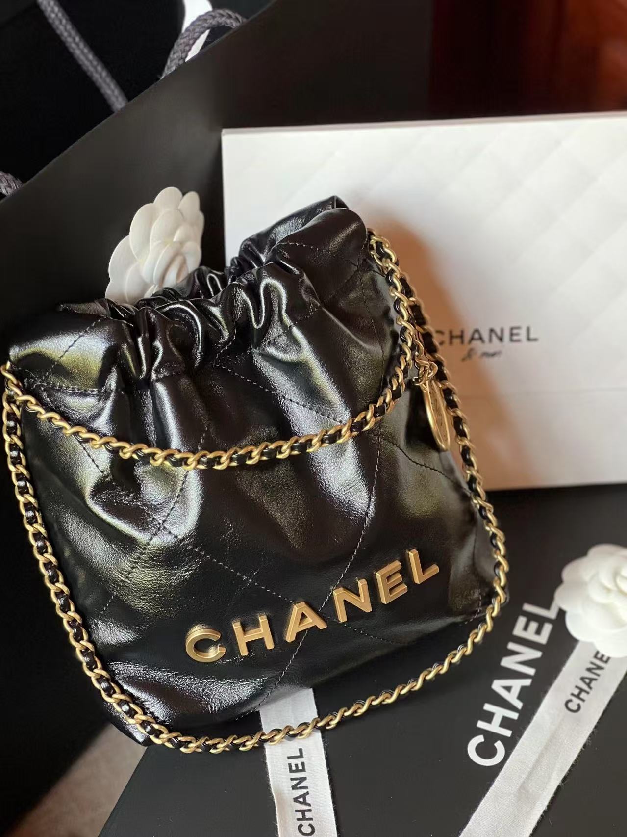 99新 Chanel/香奈儿 22bag mini黑金新款可调节肩带/优品