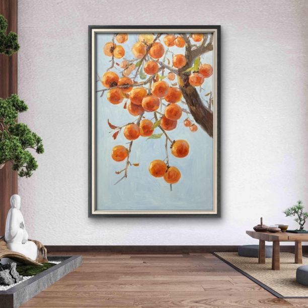 手绘油画事事如意柿子画轻奢高级感客厅餐厅玄关装饰画