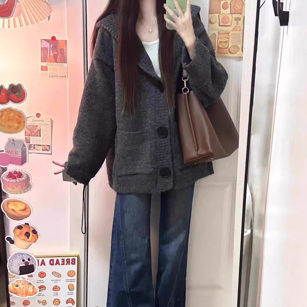 秋冬季女008连帽针织衫百搭网红时尚休闲毛衣宽松加厚韩版慵懒风