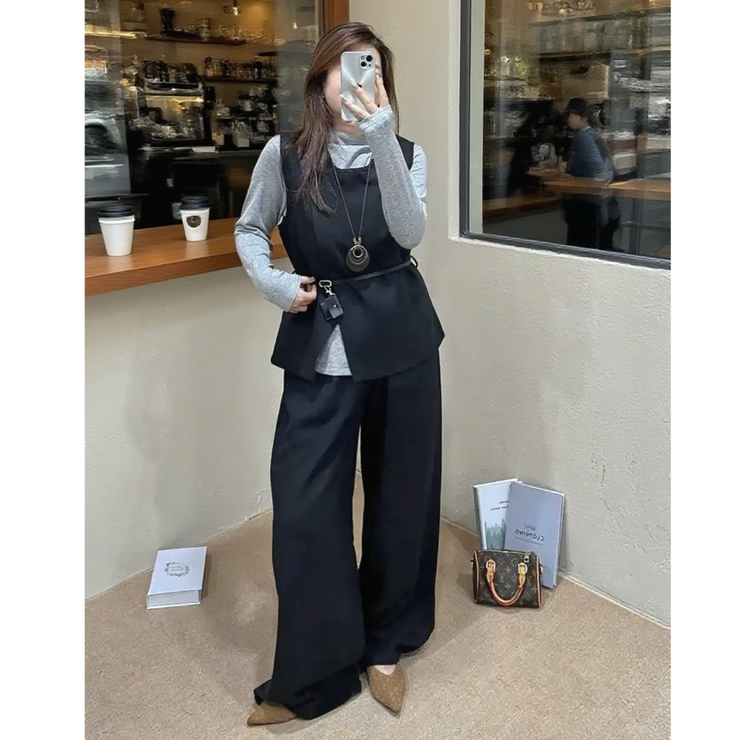 妮妮家7223秋新款高级设计感马甲打底衫阔腿裤三件套秋