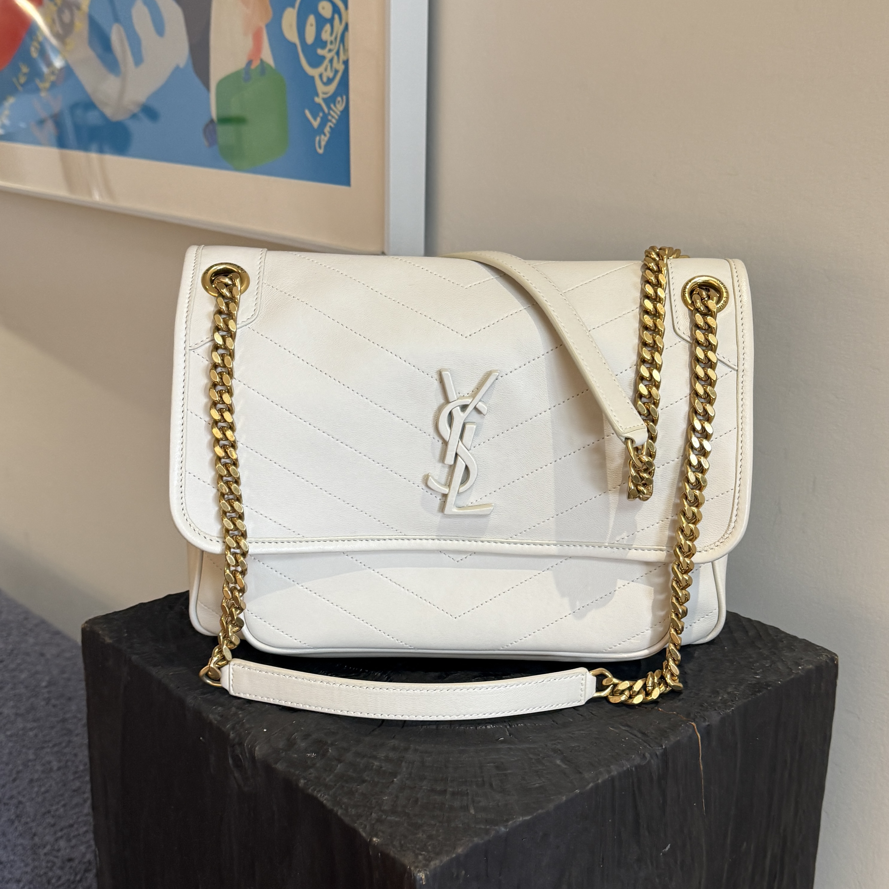 99新 YSL/圣罗兰 niki 中号 白金 羊皮 流浪包单肩包