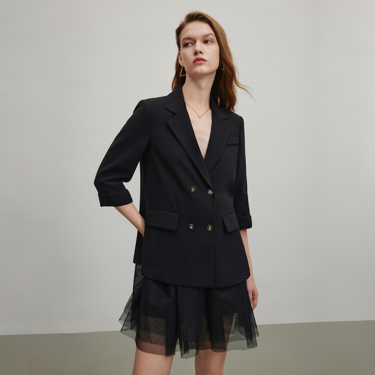 【芊芊专属】设计感拼接网纱春季时尚双排扣七分袖造型感西装