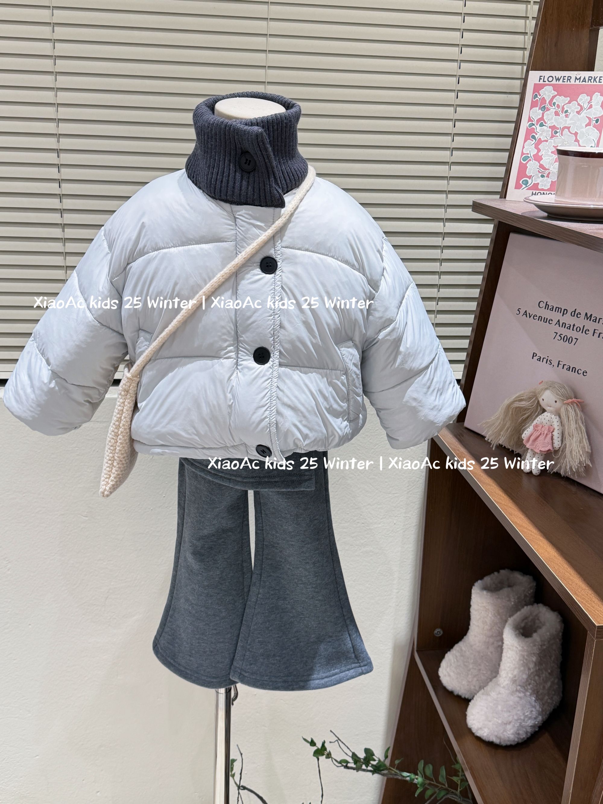 韩系女童冬季款洋气针织领拼接短款立领棉服女宝加绒屁帘喇叭裤