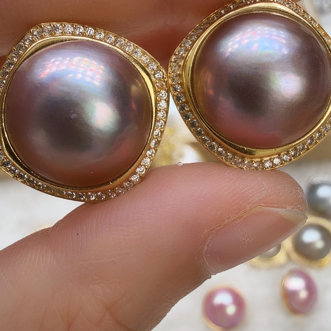 拼合珍珠（马贝珠）银S800镀金镶嵌耳饰