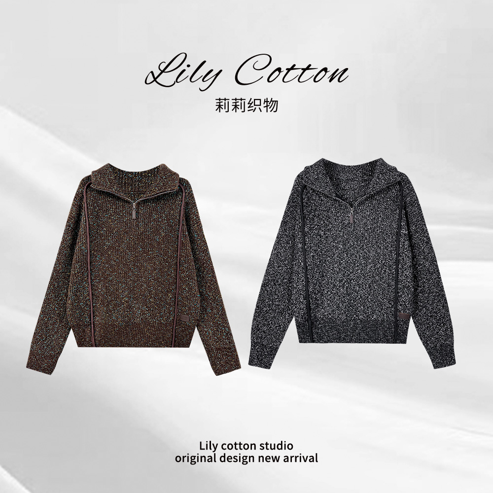 随性半开 复古时尚半拉链高领花纱气质百搭绵羊毛上衣 YL-6201334