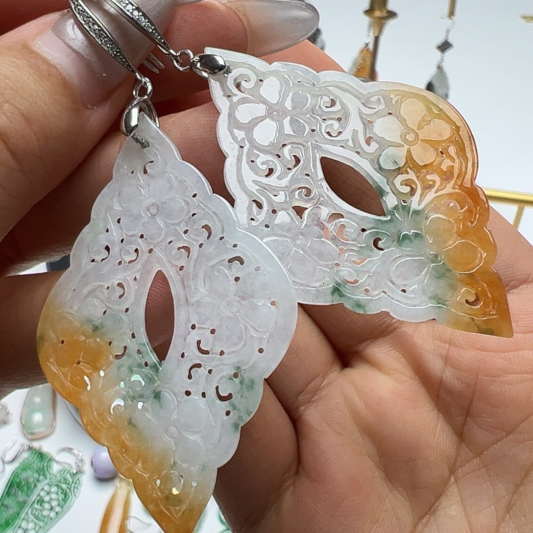 翡翠银S925镶嵌耳饰天然缅甸A货翡翠