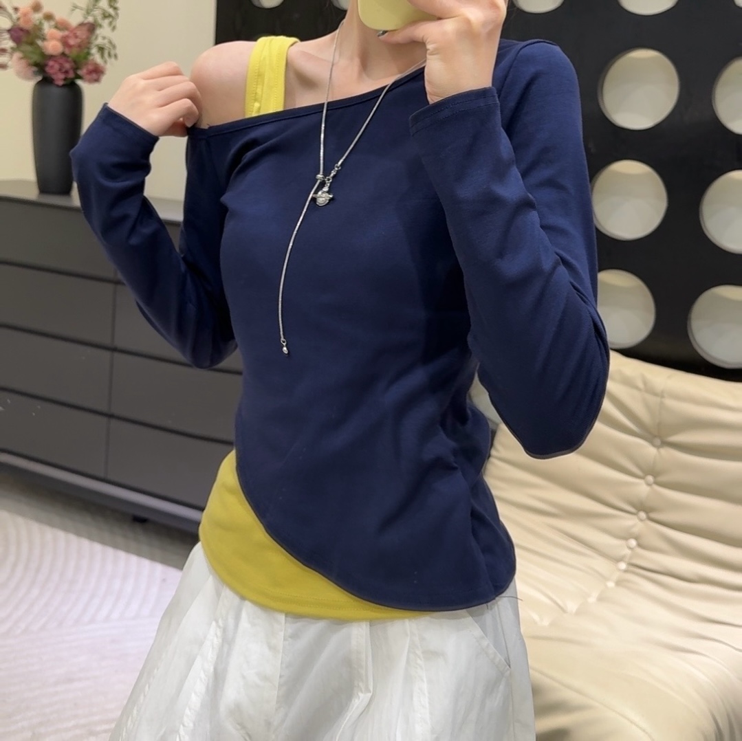 DALIANSU/大脸酥-4291  设计感修身撞色假两件长袖上衣