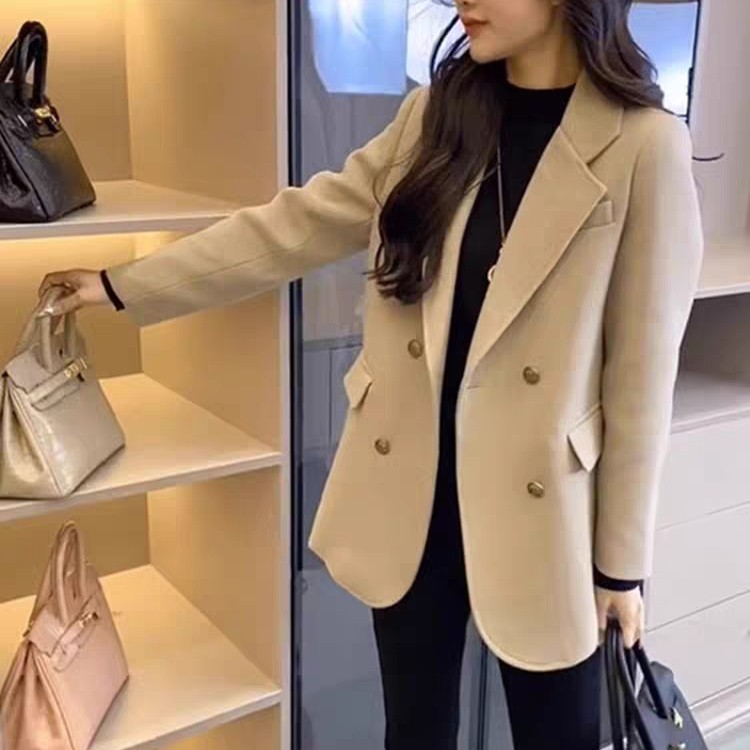 秋冬季女款廓形加棉毛呢西装外套保暖显瘦