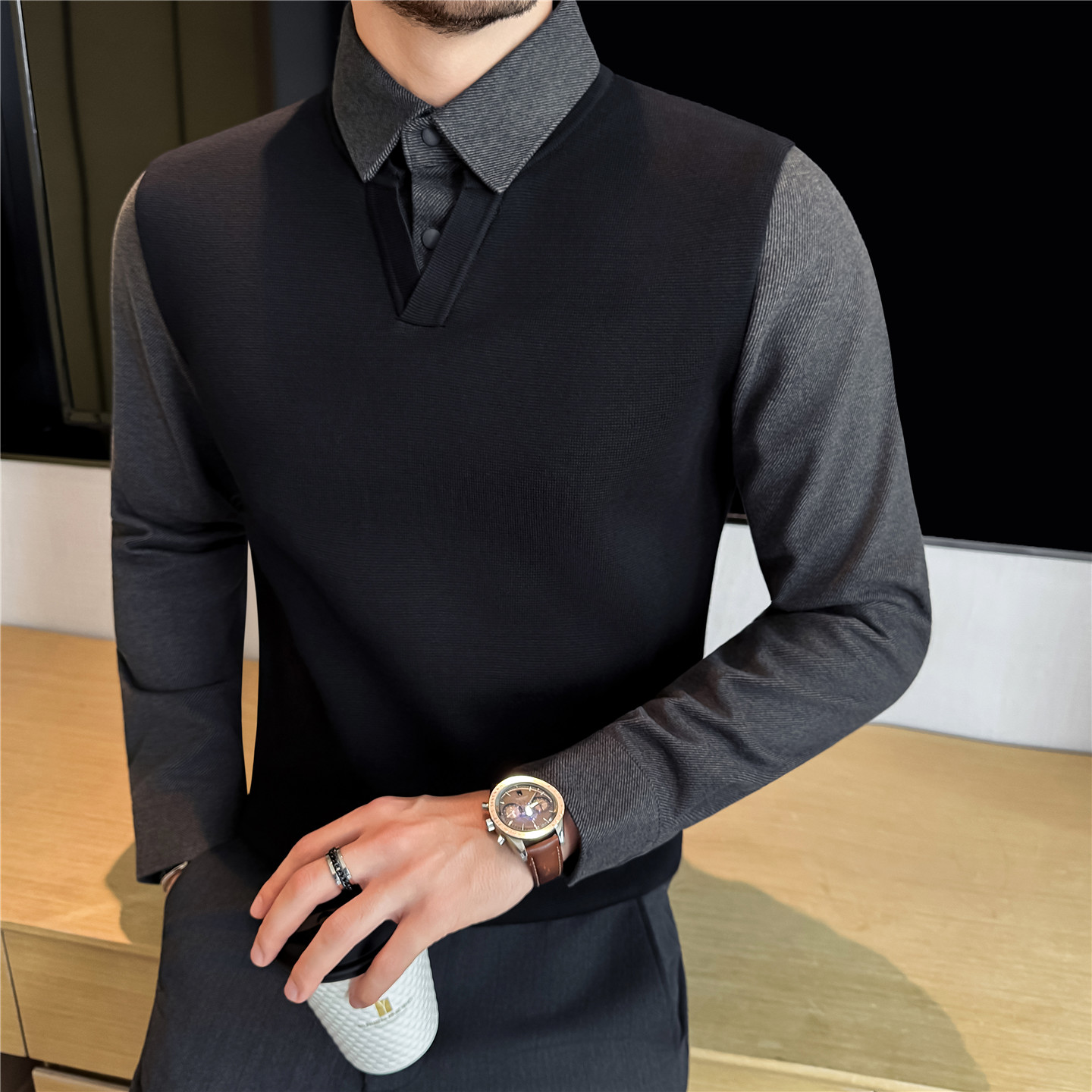 秋冬加厚毛呢衬衫领拍拼接针织衫男时尚冬季假两件保暖线衣打底衫