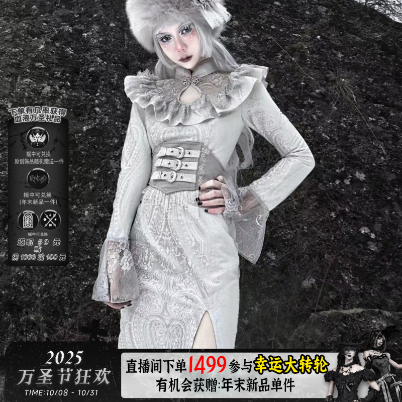 雪国的呼唤A白哥特蕾丝改良丝绒开衩连衣裙春季反季
