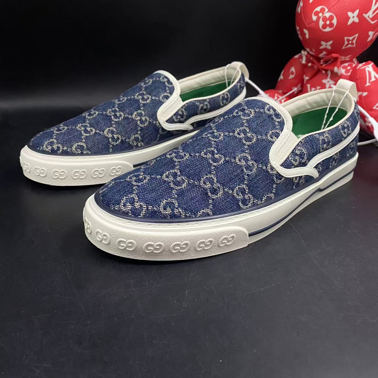95新 GUCCI/古驰 【AO特惠】42.5欧码 男士休闲蓝牛仔一脚蹬77126