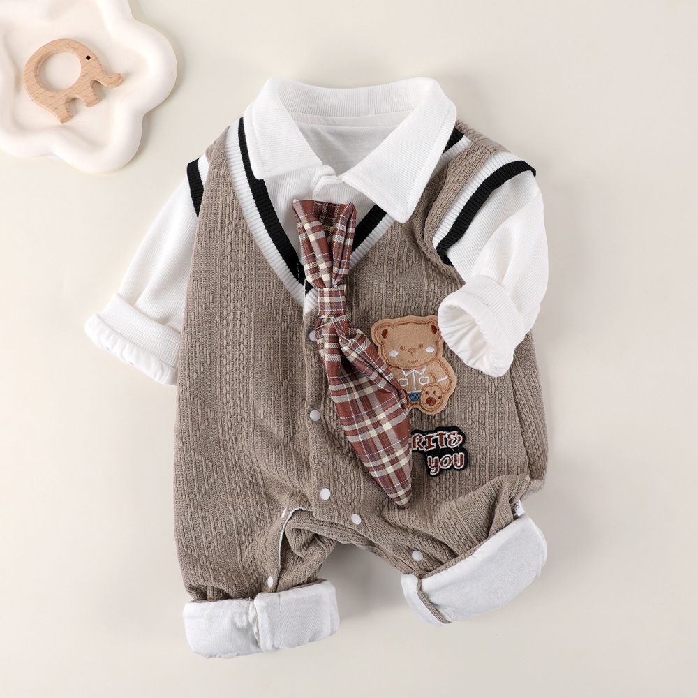 （咪）超萌洋气学院风婴儿衣服男女宝宝连体衣秋装假两件外出服哈衣