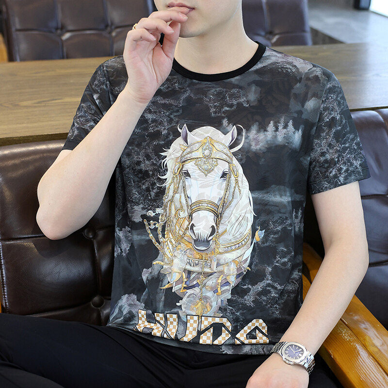 【高品质 冰丝】2025夏季民族风冰丝提花圆领短袖T恤潮流时尚0807 A