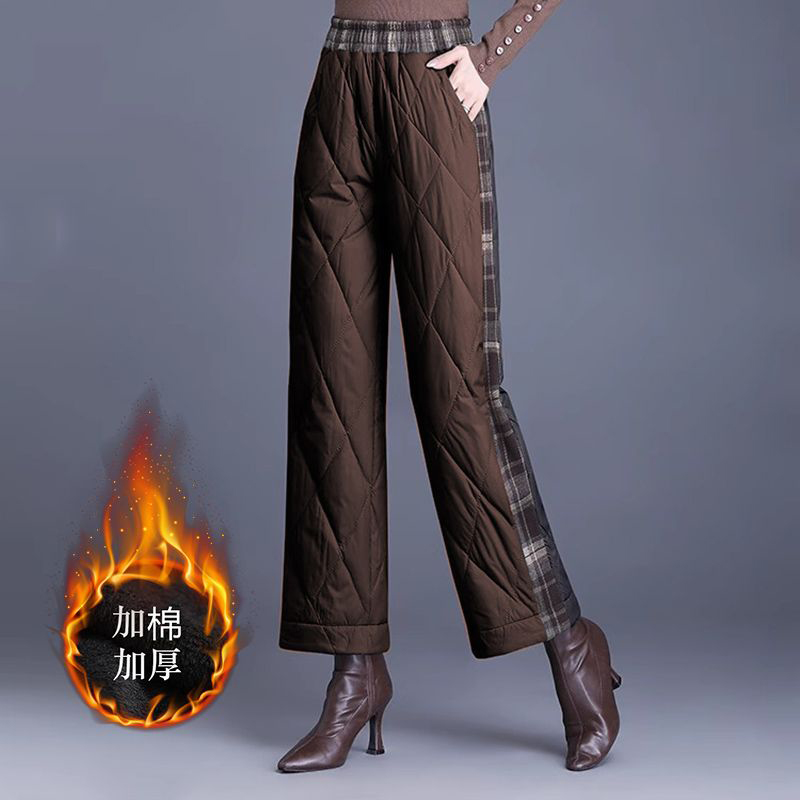 冬季时尚女士棉裤2025新款外穿加厚保暖直筒裤时尚格纹拼接阔腿裤