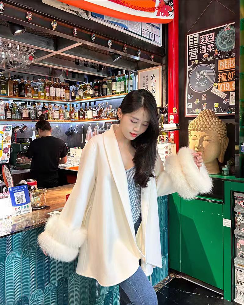 短款双层狐狸毛袖2025秋冬款双面羊毛大衣长款气质毛呢外套8536