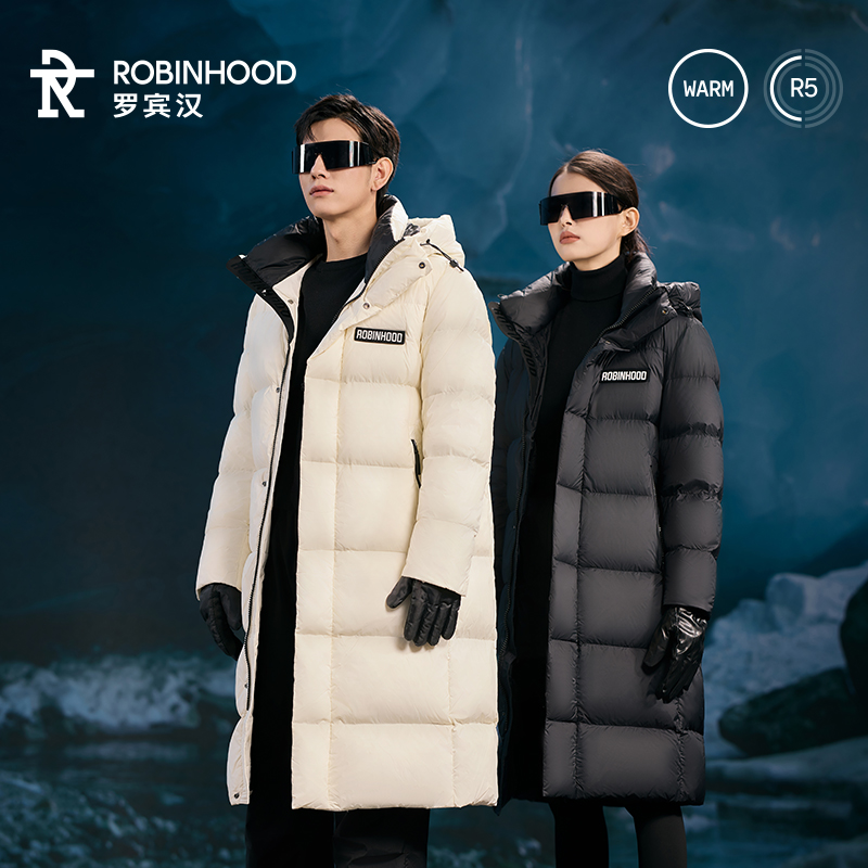 罗宾汉优选【六防面料】新国标90绒子白鸭绒中长款羽绒服连帽款哑光