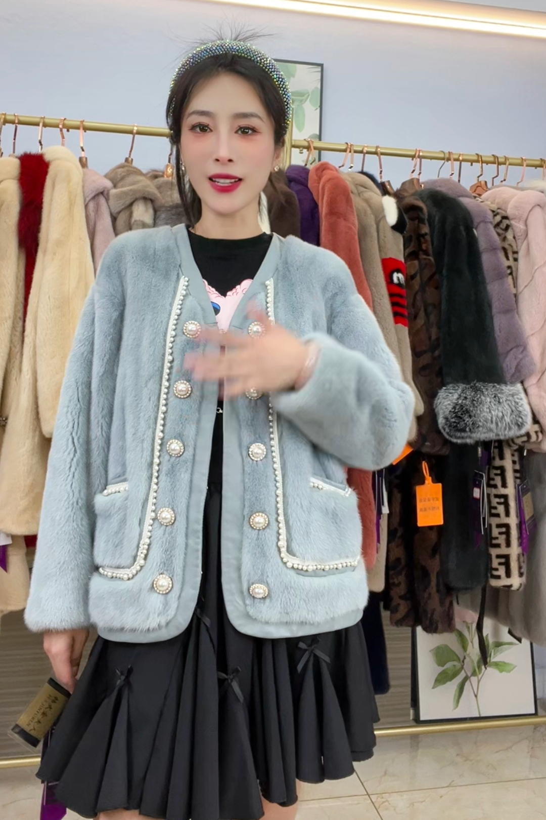 雾霾蓝色小香风进口天鹅绒貂皮大衣女士皮草外套