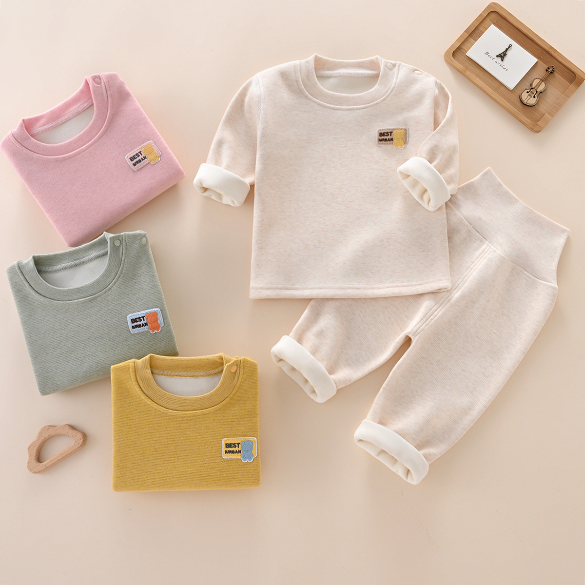 （格伦贝拉专享）儿童秋冬加绒绒分体高腰套装宝宝打底衣保暖睡衣