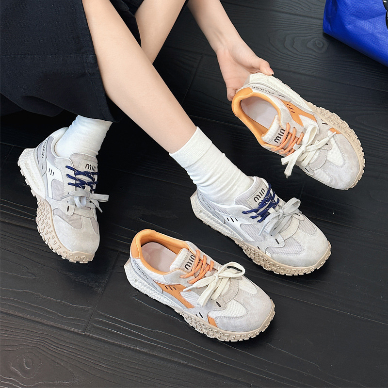 复古老爹鞋女真皮网面休闲运动鞋2025新款韩式小众厚底百搭阿甘鞋
