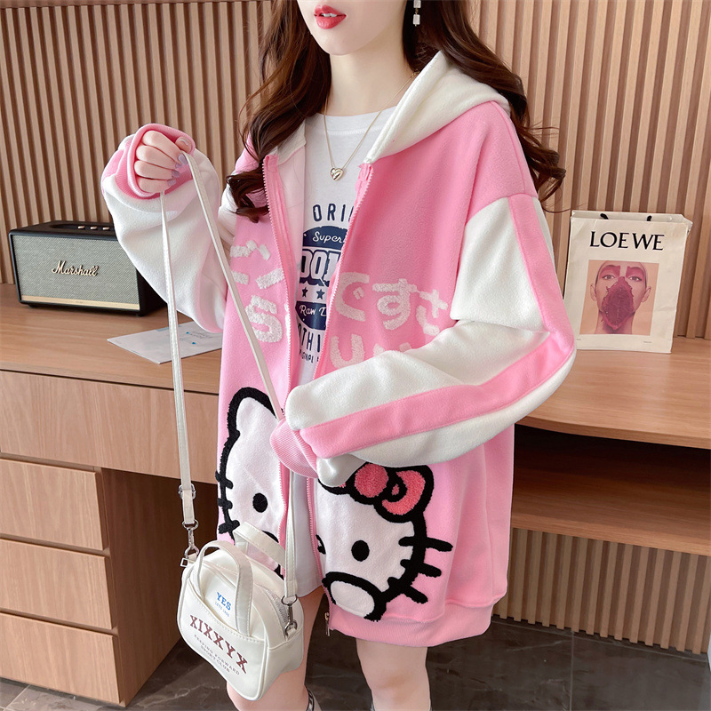 100涤纶可爱凯蒂猫刺绣连帽卫衣女秋冬款加绒加厚开衫外套