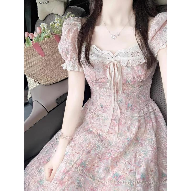 【嫚菲朵】法式气质泡泡袖碎花连衣裙夏季新款小个子设计感长裙子