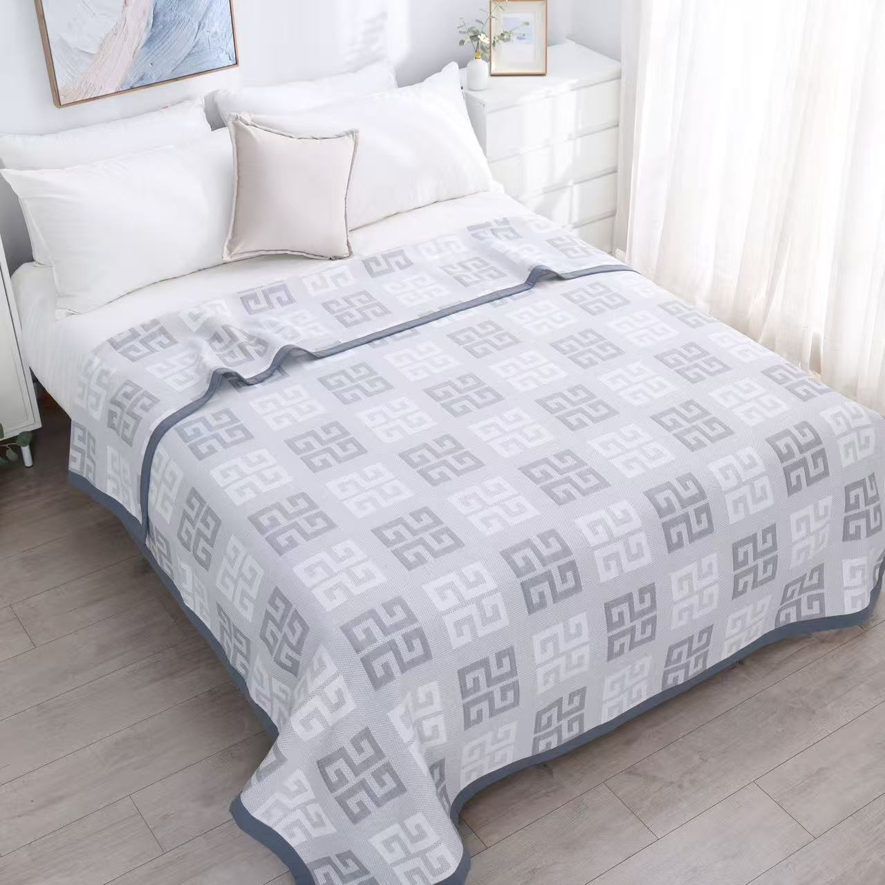 【万字格】轻奢灰高定细沙多功能床盖双人四季通用200*230亲肤棉