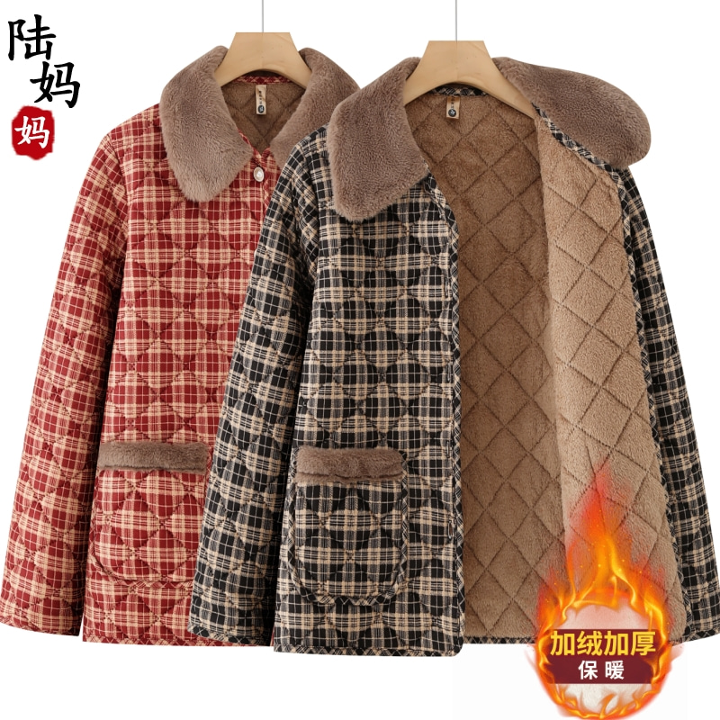 妈妈冬装短款加绒加厚棉衣气质中老年女装宽松保暖棉服翻领女外套